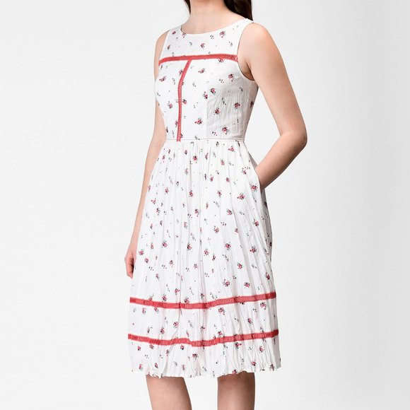 eShakti Floral Print Cotton Lattice Trim Dress - Picture 1 of 10